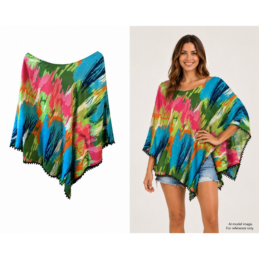 Mud Pie Bay Lady Abstract Print Pom Pom Trim Poncho Top Multi Color L/XL